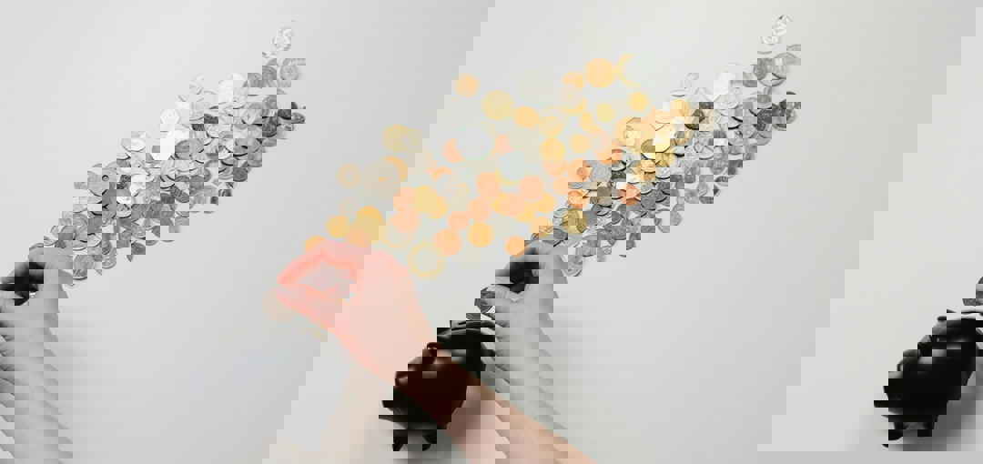 Een hand plaatst munten in een spaarvarken, symboliserend sparen en financiële planning.